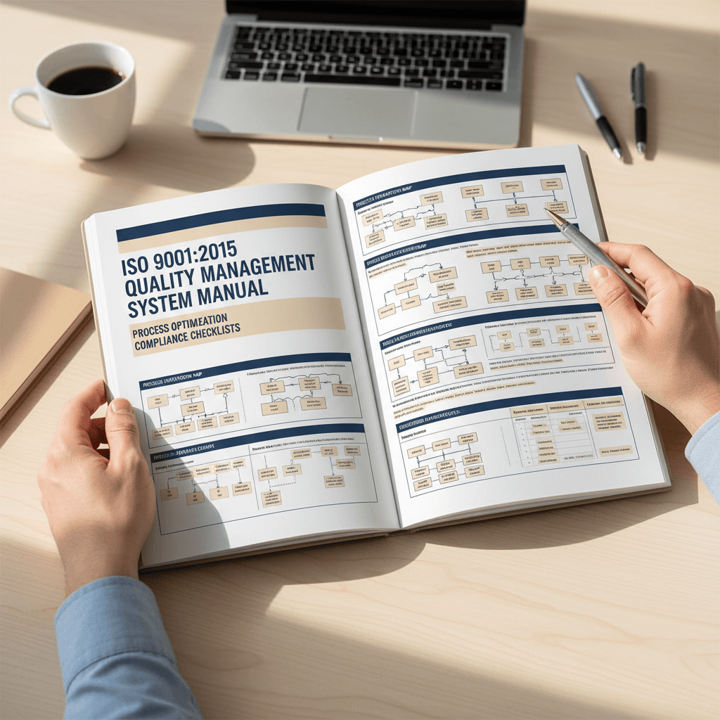 ISO 9001 manual open on desk with structured process diagrams