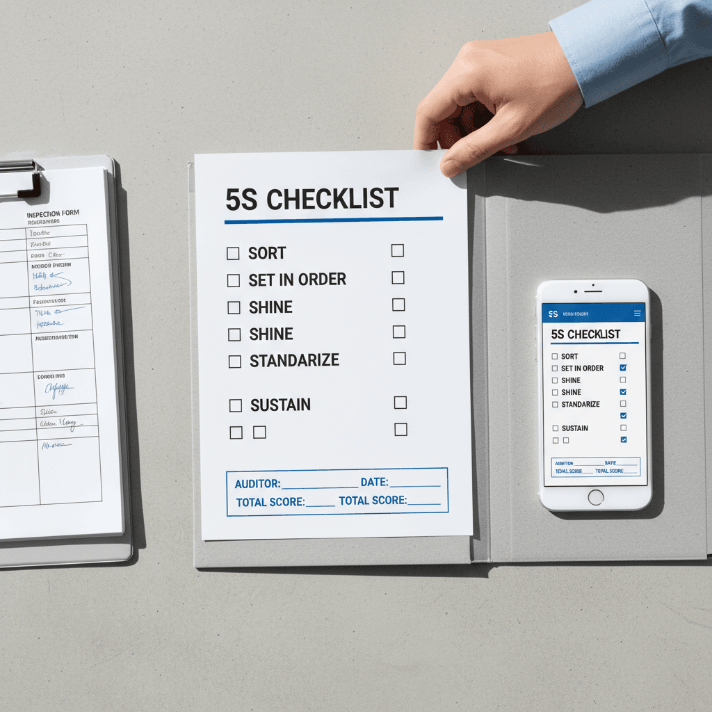 5S audit checklist template with completed forms and digital version on phone