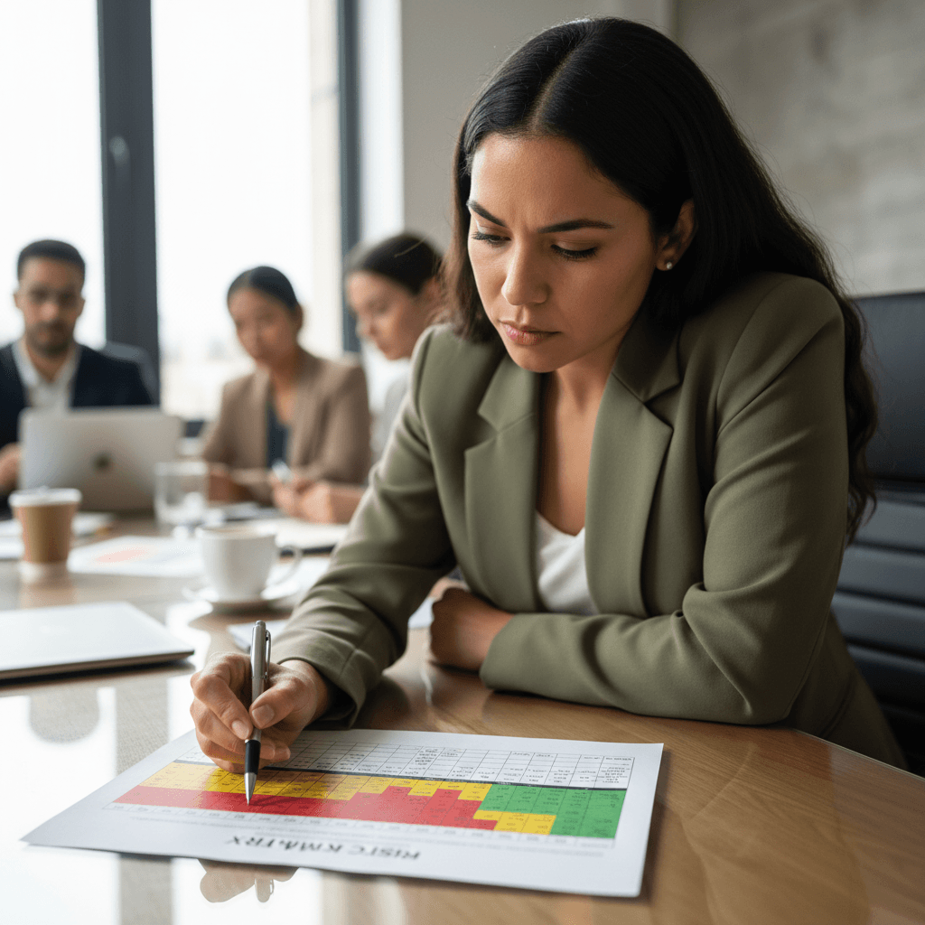 Operations manager evaluating risk matrix assessment during team meeting