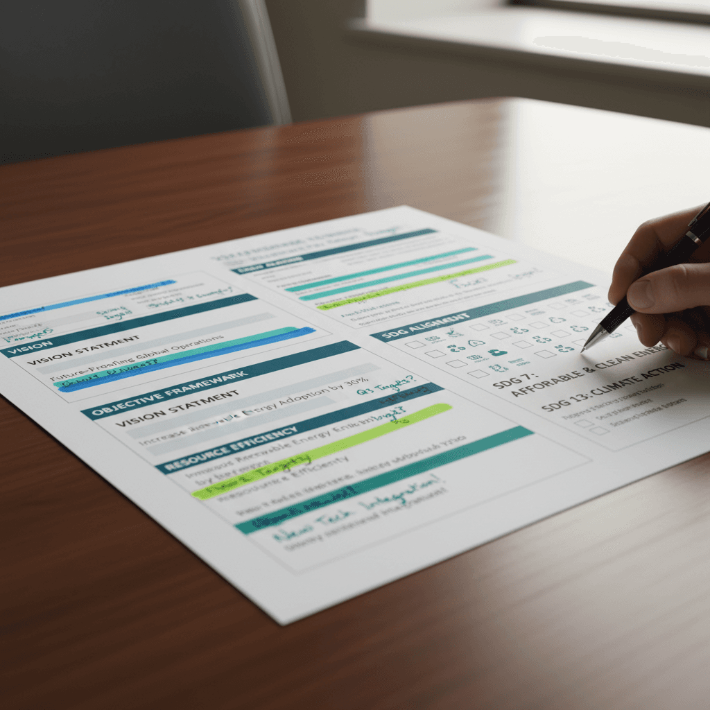 Strategic planning template with handwritten notes and SDG alignment sections