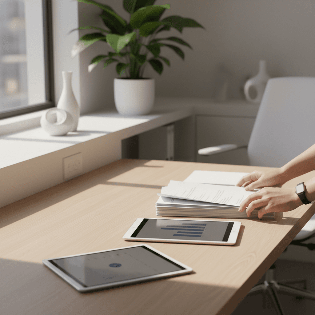 Professional workspace with ISO checklist document and pen
